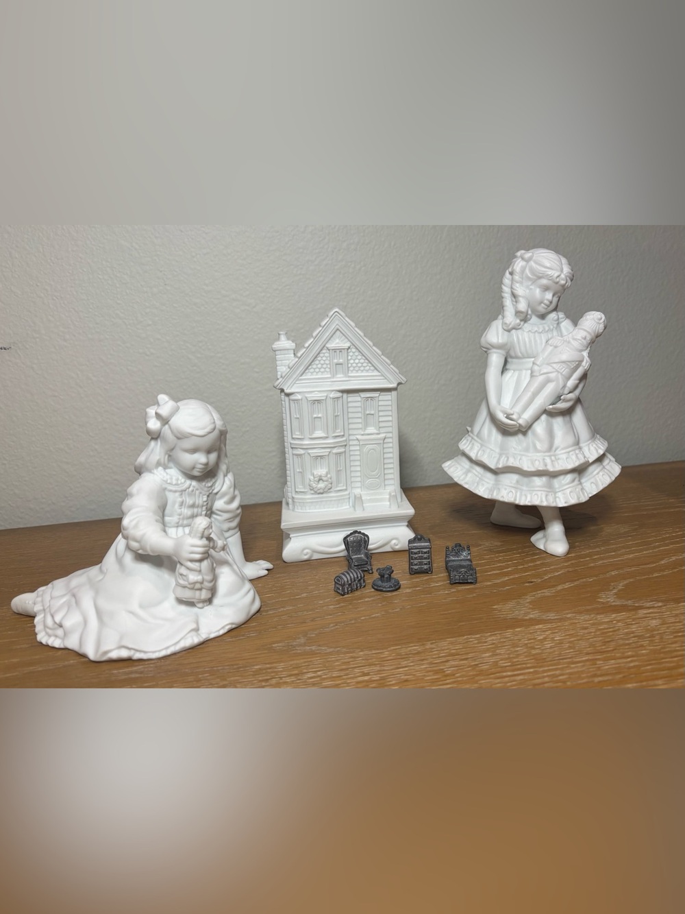 Department 56 White Ceramic Girl Figurine Pair with Dollhouse Accent